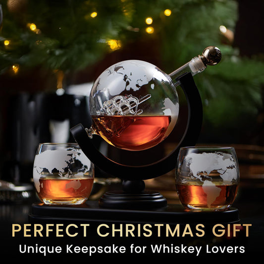 Globe Whiskey Decanter Gift Set | Etched World Map 29oz Decanter with Glasses for Bourbon & Liquor | Whiskey Gifts for Men