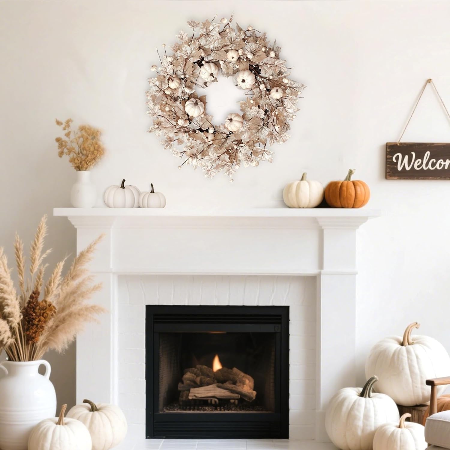 26-Inch Lighted Fall Wreath for Front Door | Foldable Autumn Maple Leaf & Pumpkin Wreath with Timer, Indoor/Outdoor Thanksgiving Harvest Décor