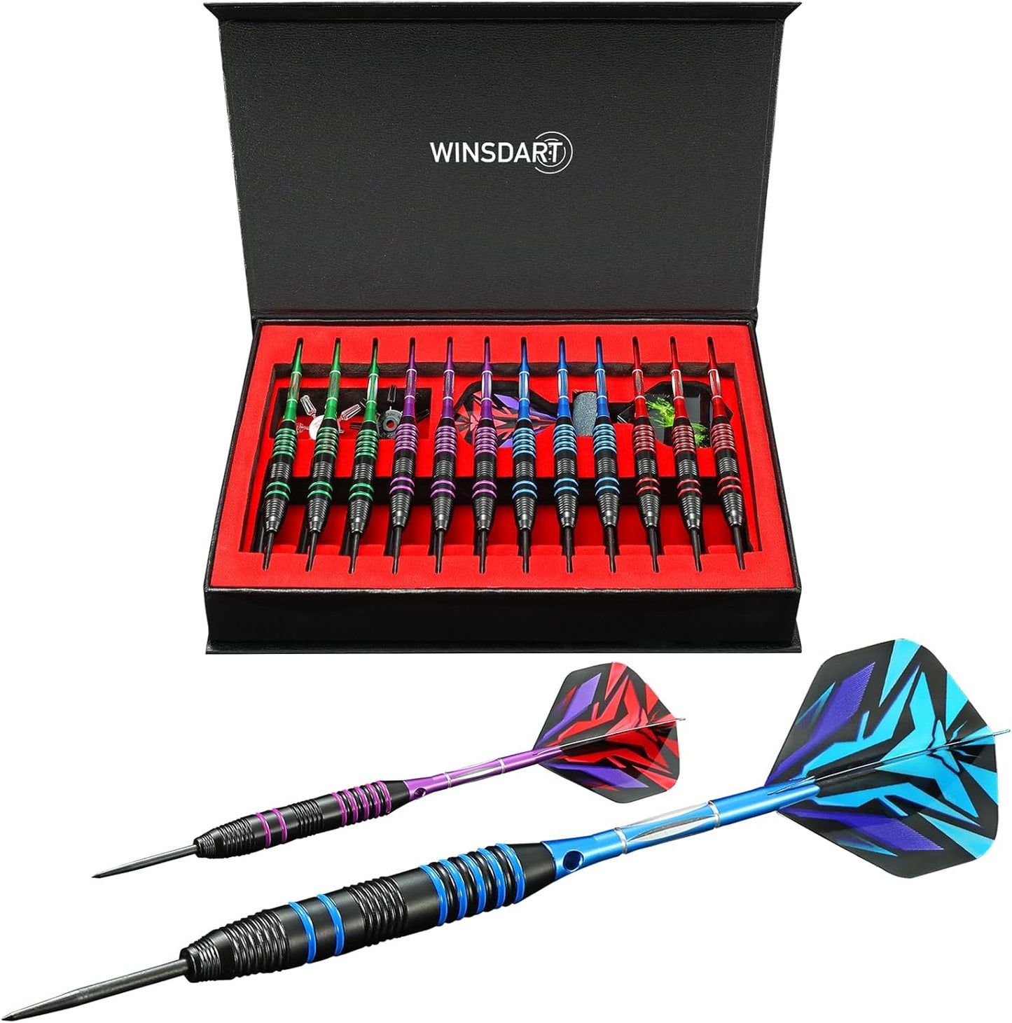 Darts Metal Tip Set Professional Metal Darts for Dartboard Steel Tip Darts with Nonslip Iron Barrel Aluminum Dart Shafts,Extra Flights,Dart Sharpener,Gift Box