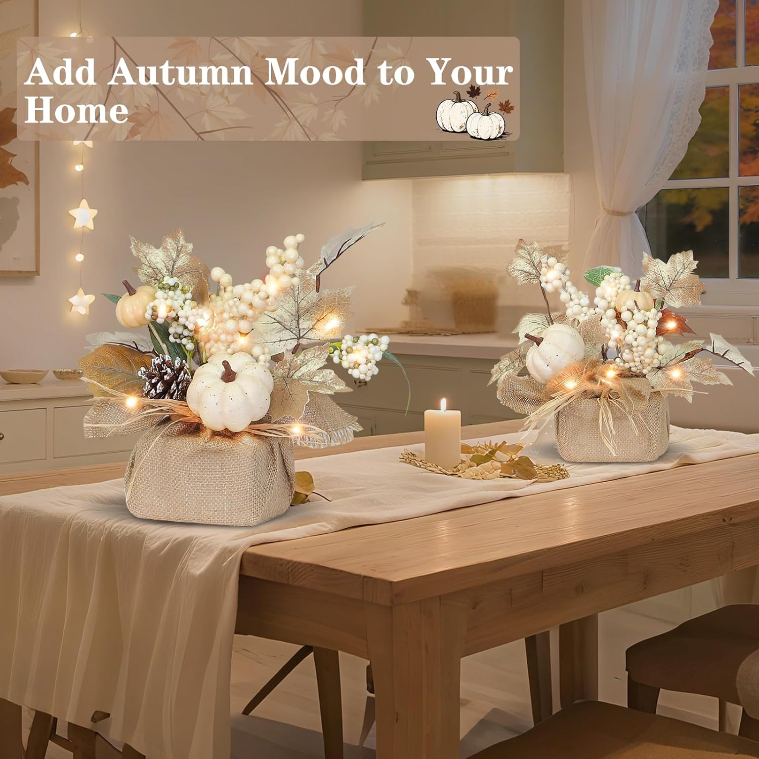 2-Pack Lighted Fall Maple Trees with Timer – 11-Inch Tabletop Autumn Decorations, 20 LED Battery Operated |  Décor