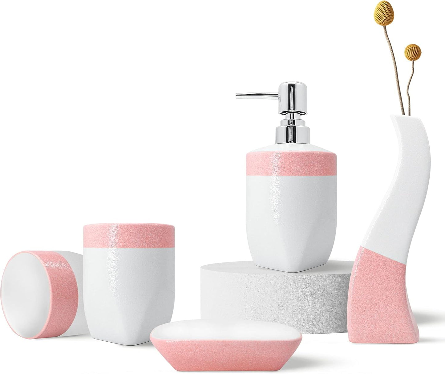 5-Piece Ceramic Bathroom Accessory Set | Soap Dispenser, Soap Dish, Toothbrush Holder & Vase for Modern Bathroom Décor