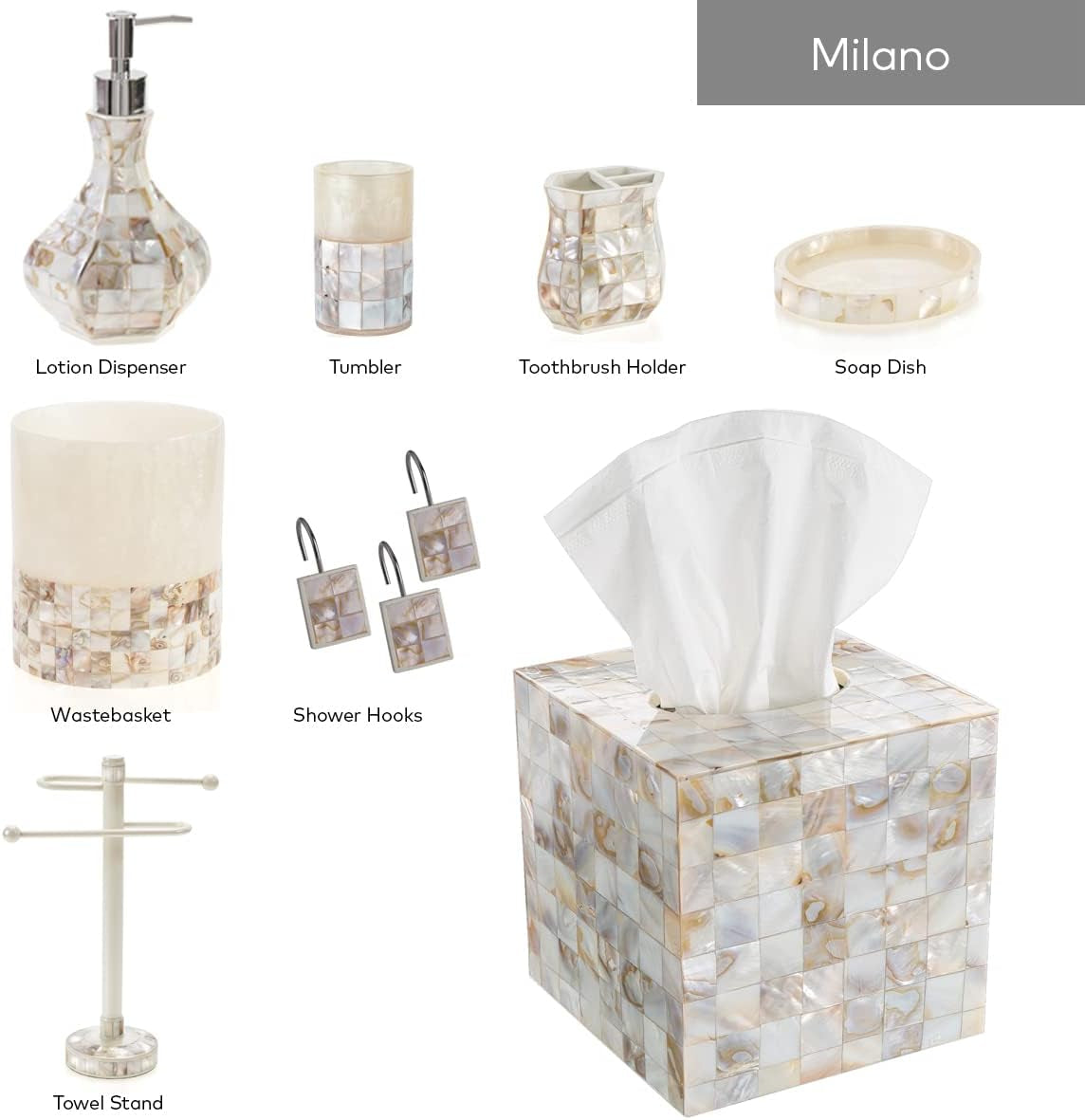 Milano 4-Piece Bathroom Accessory Set | Mother of Pearl Soap Dispenser, Toothbrush Holder, Tumbler & Soap Dish