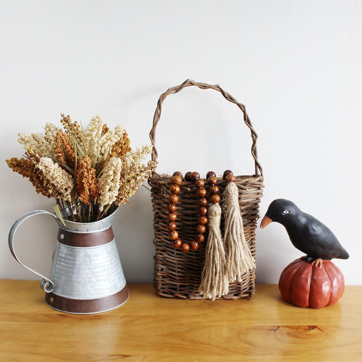 Wood Grain Beads Garland with Tassels | Dark Tan Farmhouse Rustic Prayer Bead Wall Hanging, Home & Festival Décor