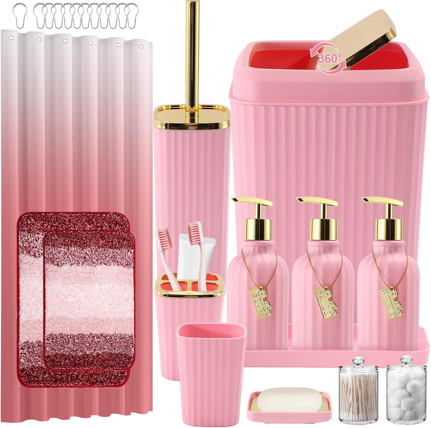 17-Piece Bathroom Accessory Set – Toilet Brush, Trash Can, Qtip Holder & 3 Soap Dispensers