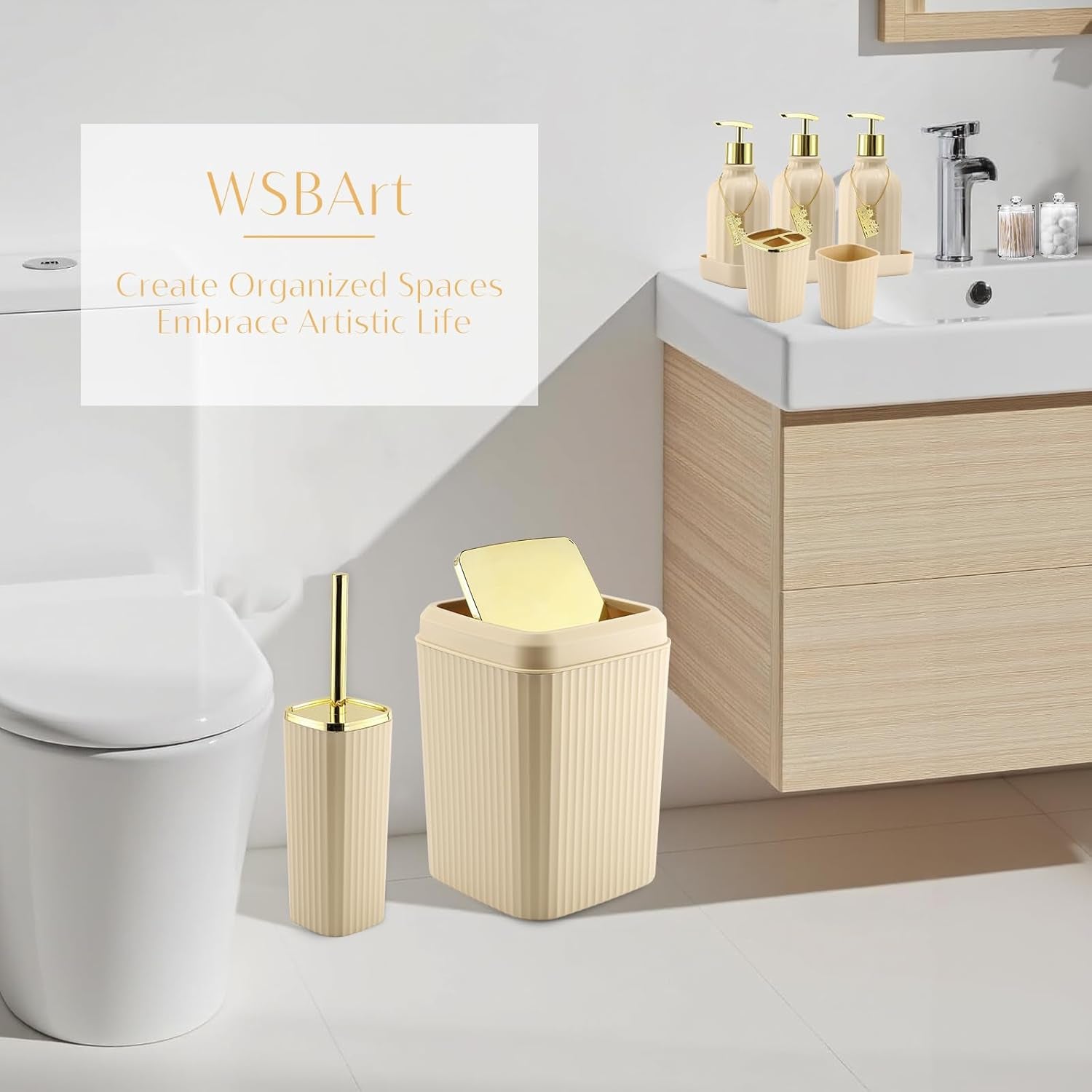 17-Piece Bathroom Accessory Set – Toilet Brush, Trash Can, Qtip Holder & 3 Soap Dispensers