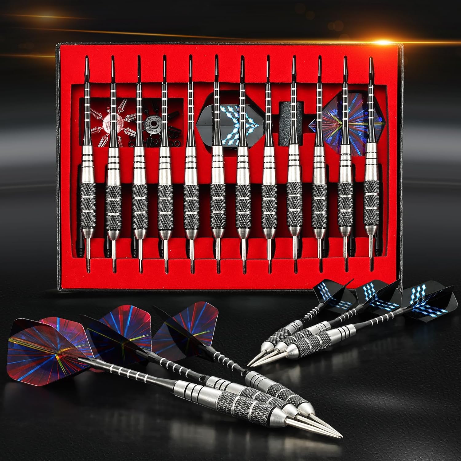 Darts Metal Tip Set Professional Metal Darts for Dartboard Steel Tip Darts with Nonslip Iron Barrel Aluminum Dart Shafts,Extra Flights,Dart Sharpener,Gift Box