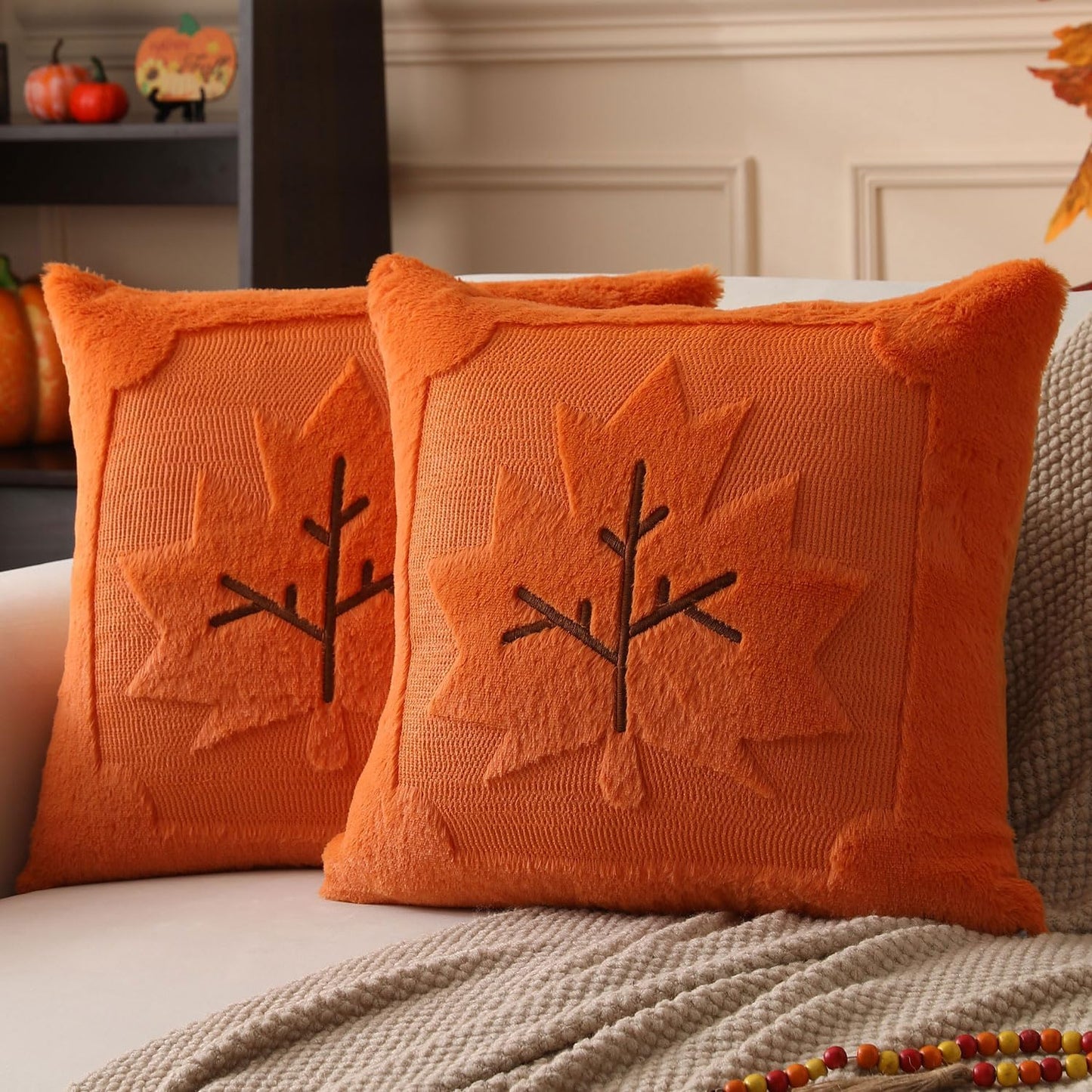 Fall Pillow Covers 18x18 Set of 2 | Beige Pumpkin Embroidery Plush Faux Fur Cushion Covers for Sofa