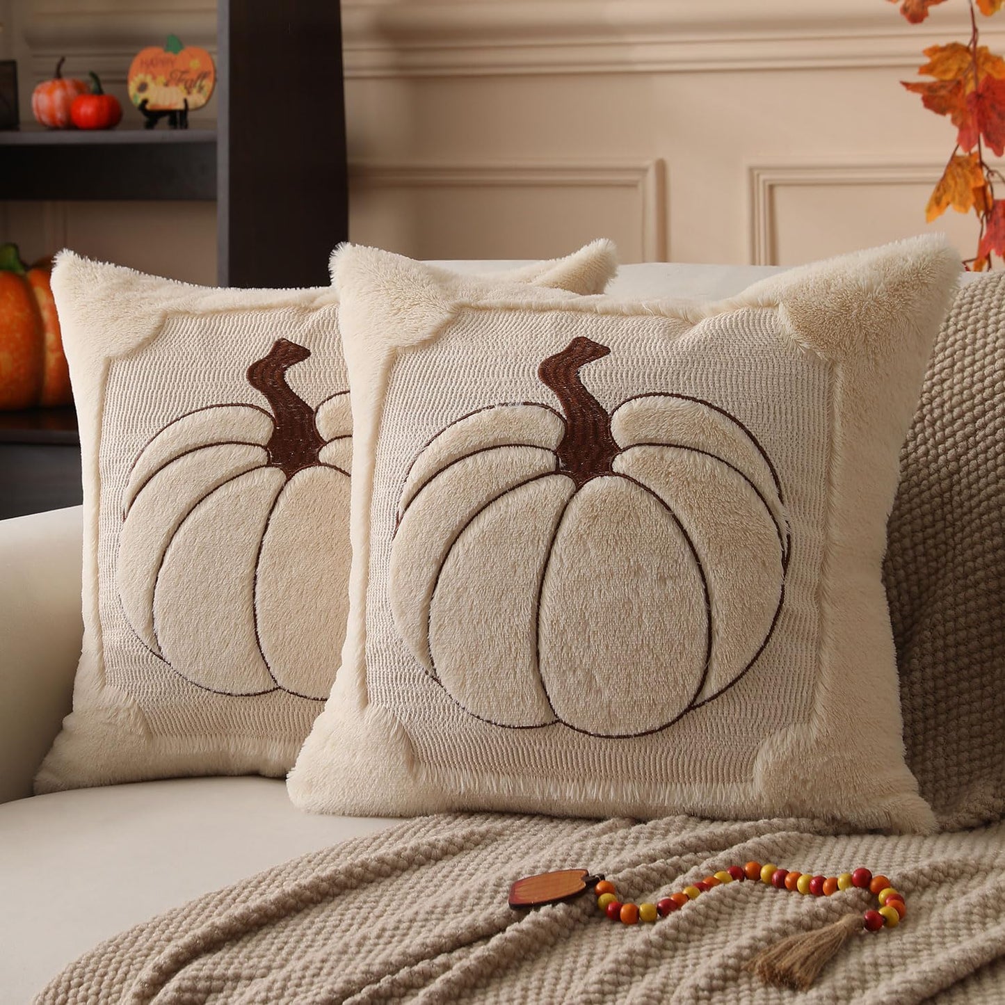 Fall Pillow Covers 18x18 Set of 2 | Beige Pumpkin Embroidery Plush Faux Fur Cushion Covers for Sofa