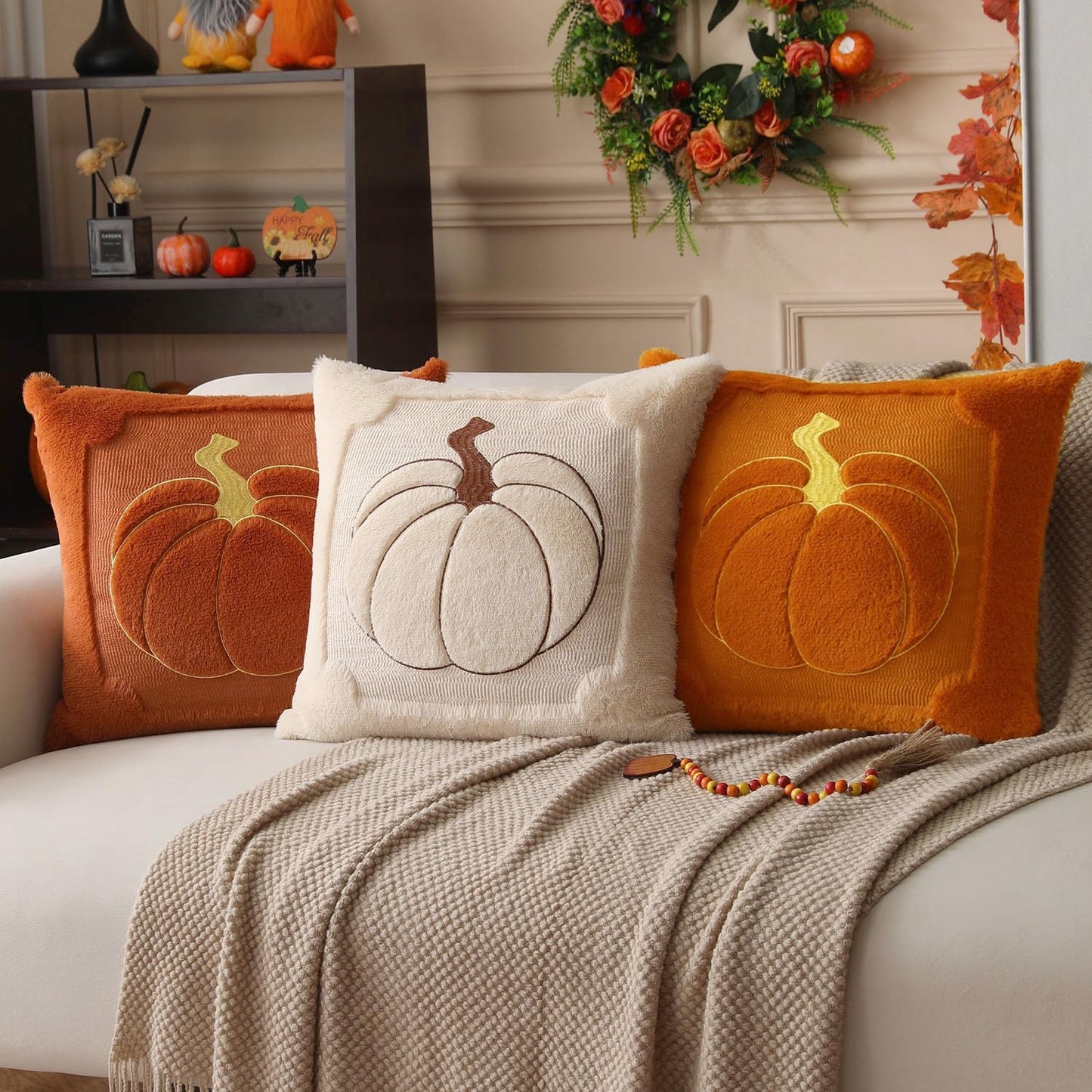 Fall Pillow Covers 18x18 Set of 2 | Beige Pumpkin Embroidery Plush Faux Fur Cushion Covers for Sofa