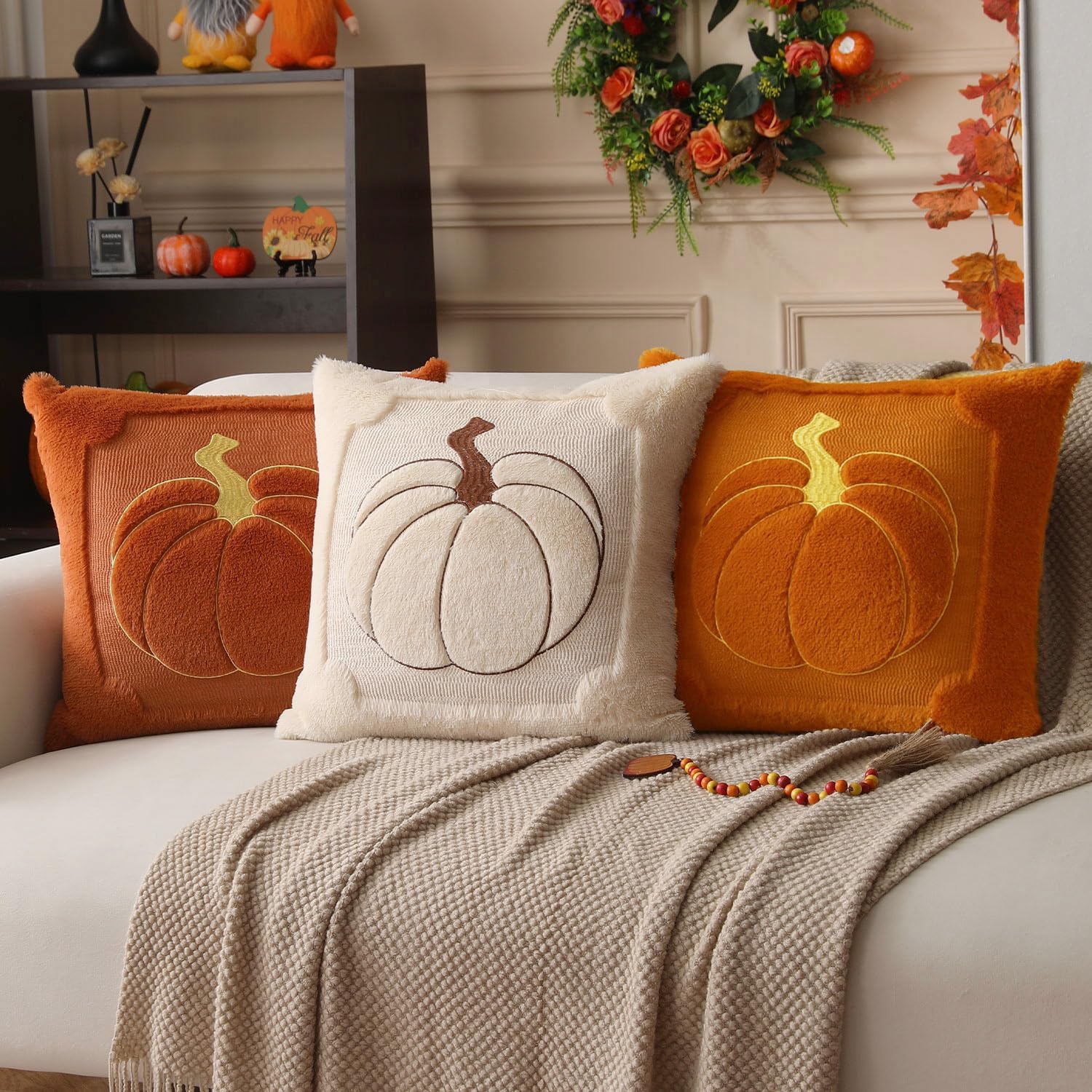 Fall Pillow Covers 18x18 Set of 2 | Beige Pumpkin Embroidery Plush Faux Fur Cushion Covers for Sofa