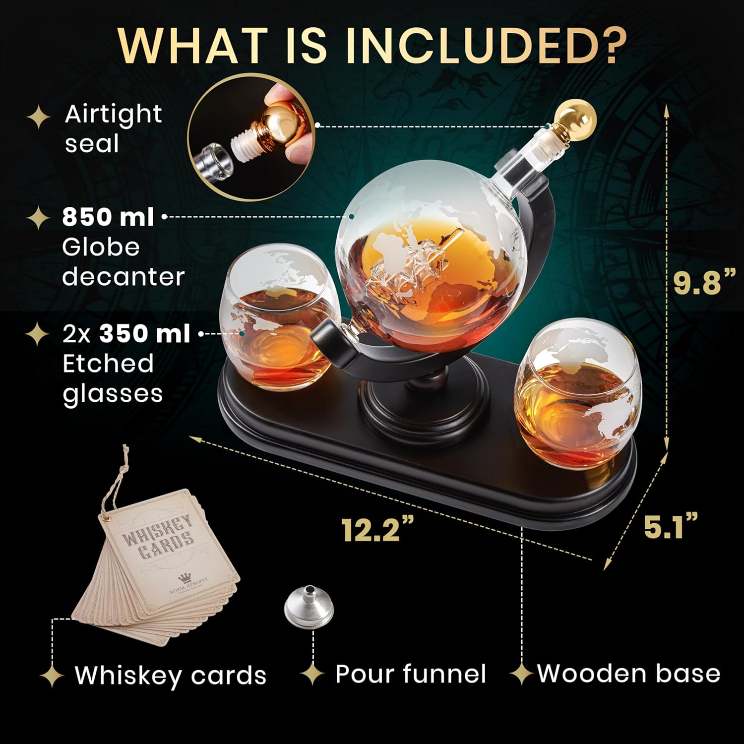 Globe Whiskey Decanter Gift Set | Etched World Map 29oz Decanter with Glasses for Bourbon & Liquor | Whiskey Gifts for Men