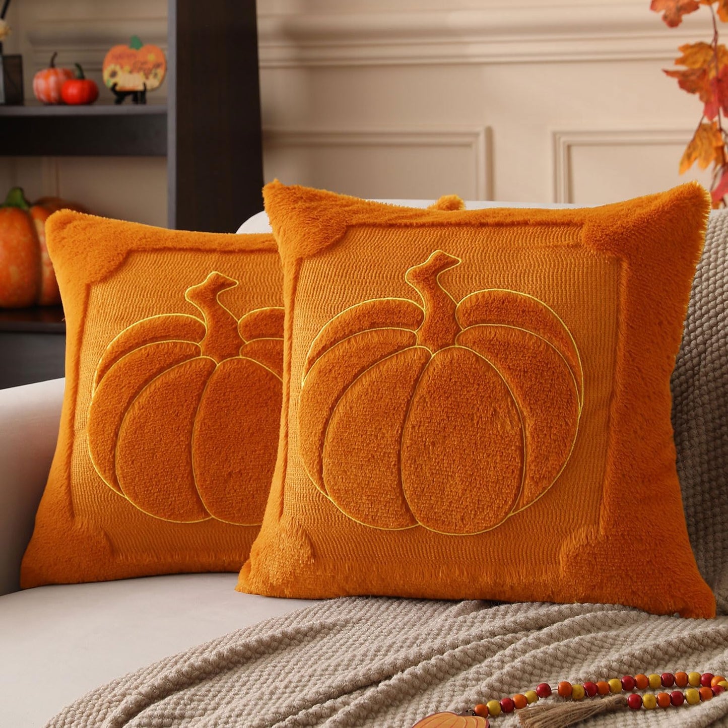 Fall Pillow Covers 18x18 Set of 2 | Beige Pumpkin Embroidery Plush Faux Fur Cushion Covers for Sofa