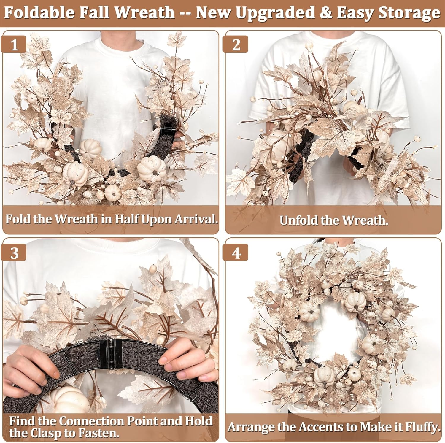 26-Inch Lighted Fall Wreath for Front Door | Foldable Autumn Maple Leaf & Pumpkin Wreath with Timer, Indoor/Outdoor Thanksgiving Harvest Décor