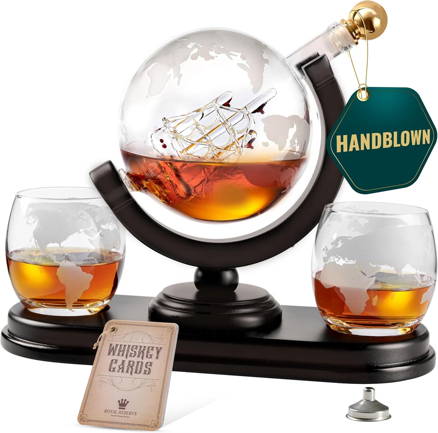 Globe Whiskey Decanter Gift Set | Etched World Map 29oz Decanter with Glasses for Bourbon & Liquor | Whiskey Gifts for Men