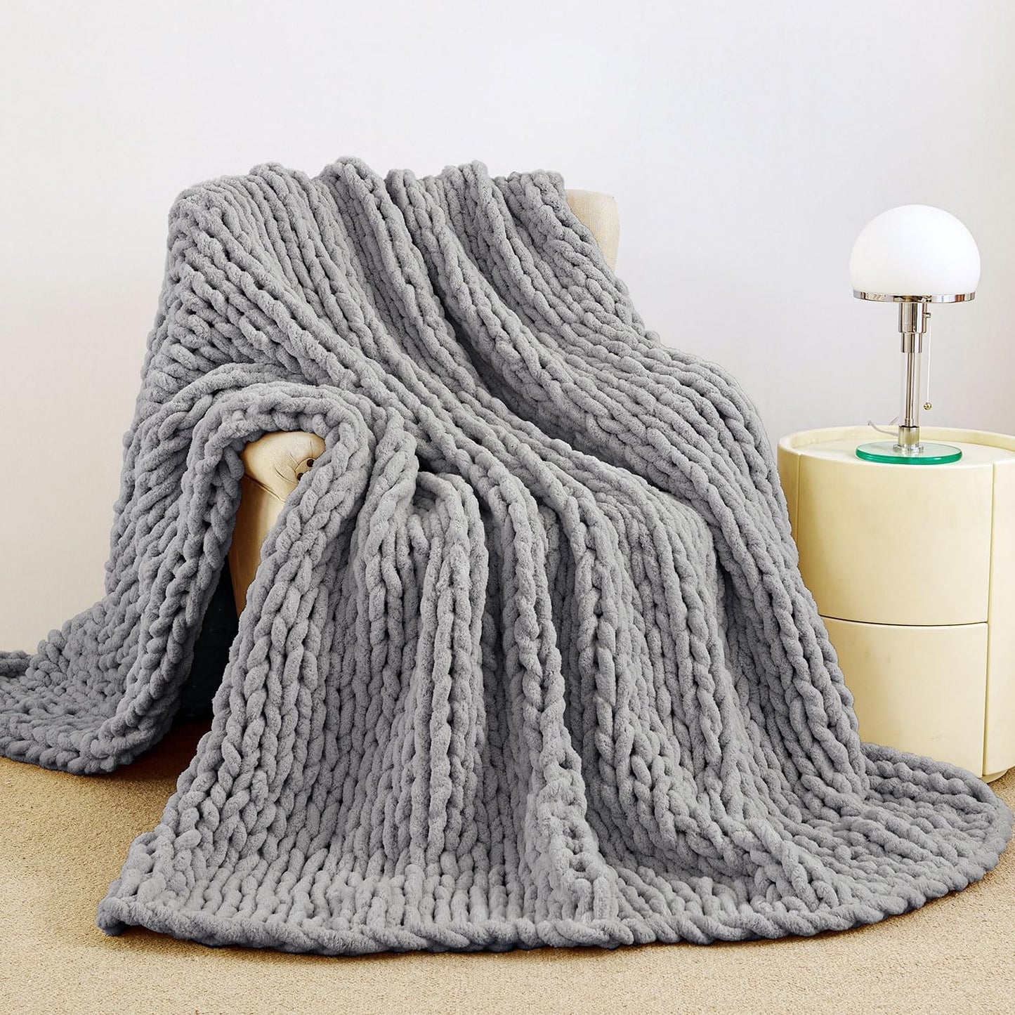 Chunky Knit Blanket Throw | Hand-Knit Chenille Sofa Blanket, Soft & Cozy Home Décor 