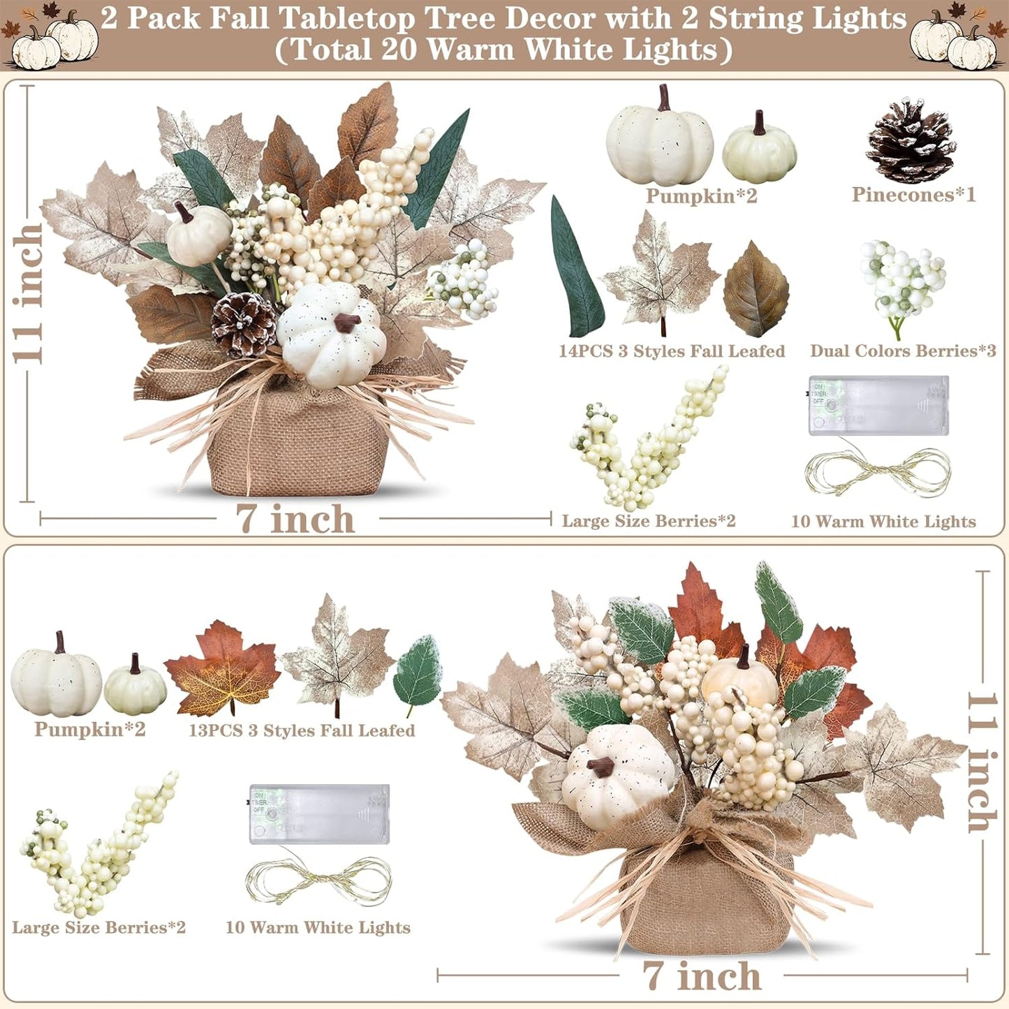 2-Pack Lighted Fall Maple Trees with Timer – 11-Inch Tabletop Autumn Decorations, 20 LED Battery Operated |  Décor