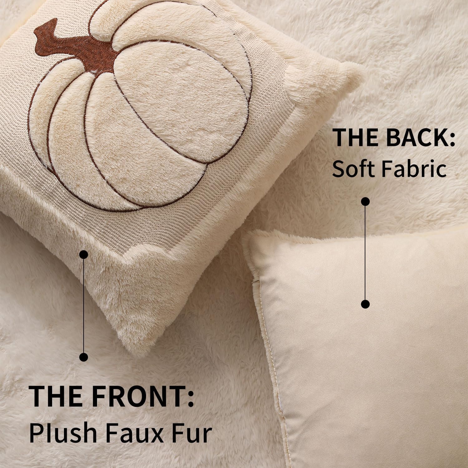 Fall Pillow Covers 18x18 Set of 2 | Beige Pumpkin Embroidery Plush Faux Fur Cushion Covers for Sofa