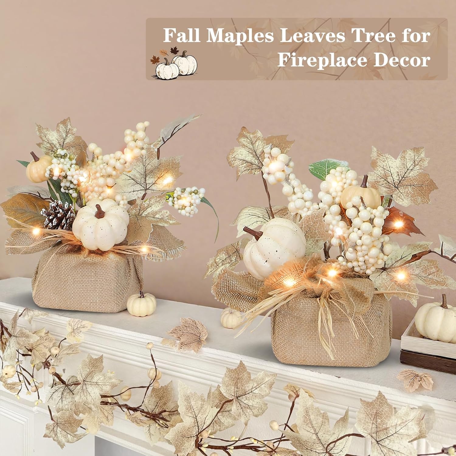 2-Pack Lighted Fall Maple Trees with Timer – 11-Inch Tabletop Autumn Decorations, 20 LED Battery Operated |  Décor