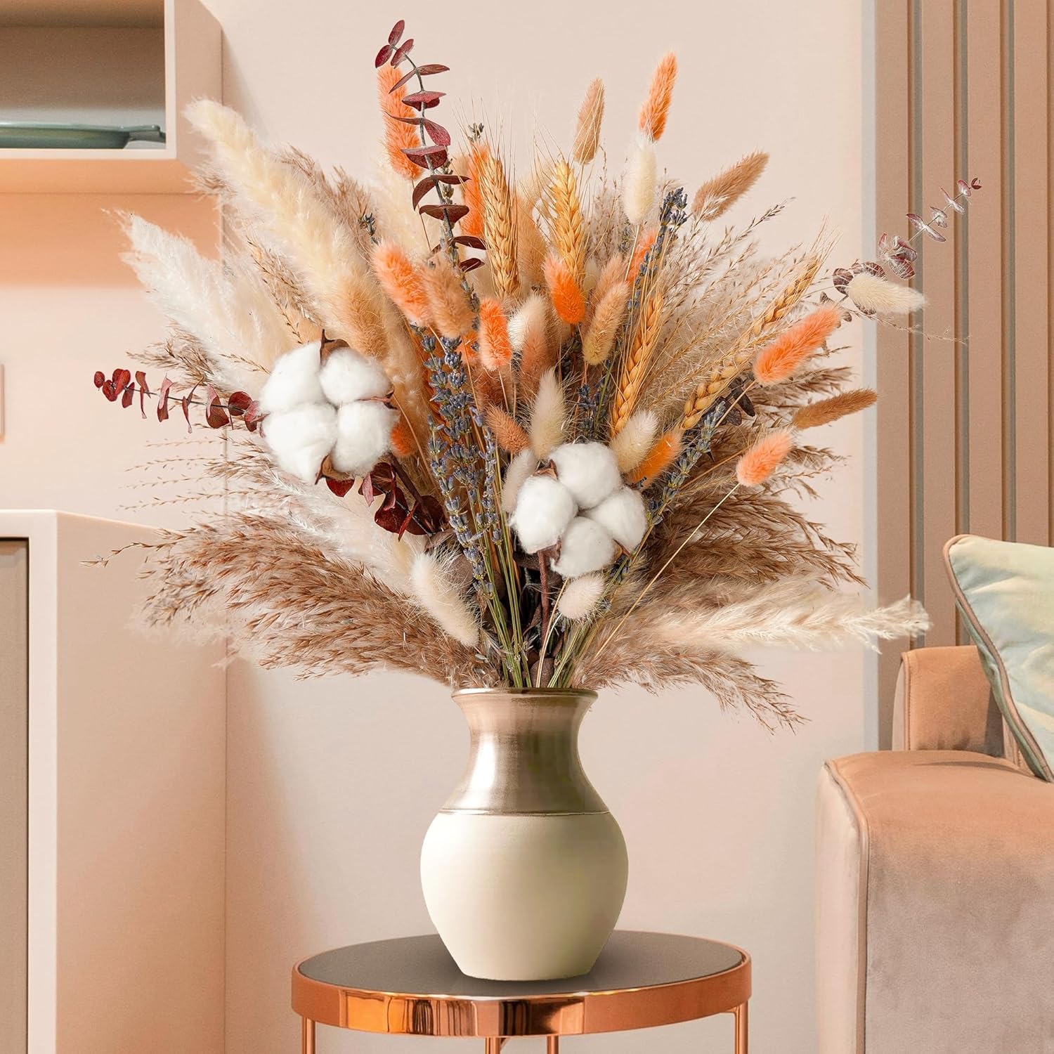 Fall Dried Flower Bouquet | Boho Autumn Arrangement with Pampas Grass, Cotton & Bunny Tails
