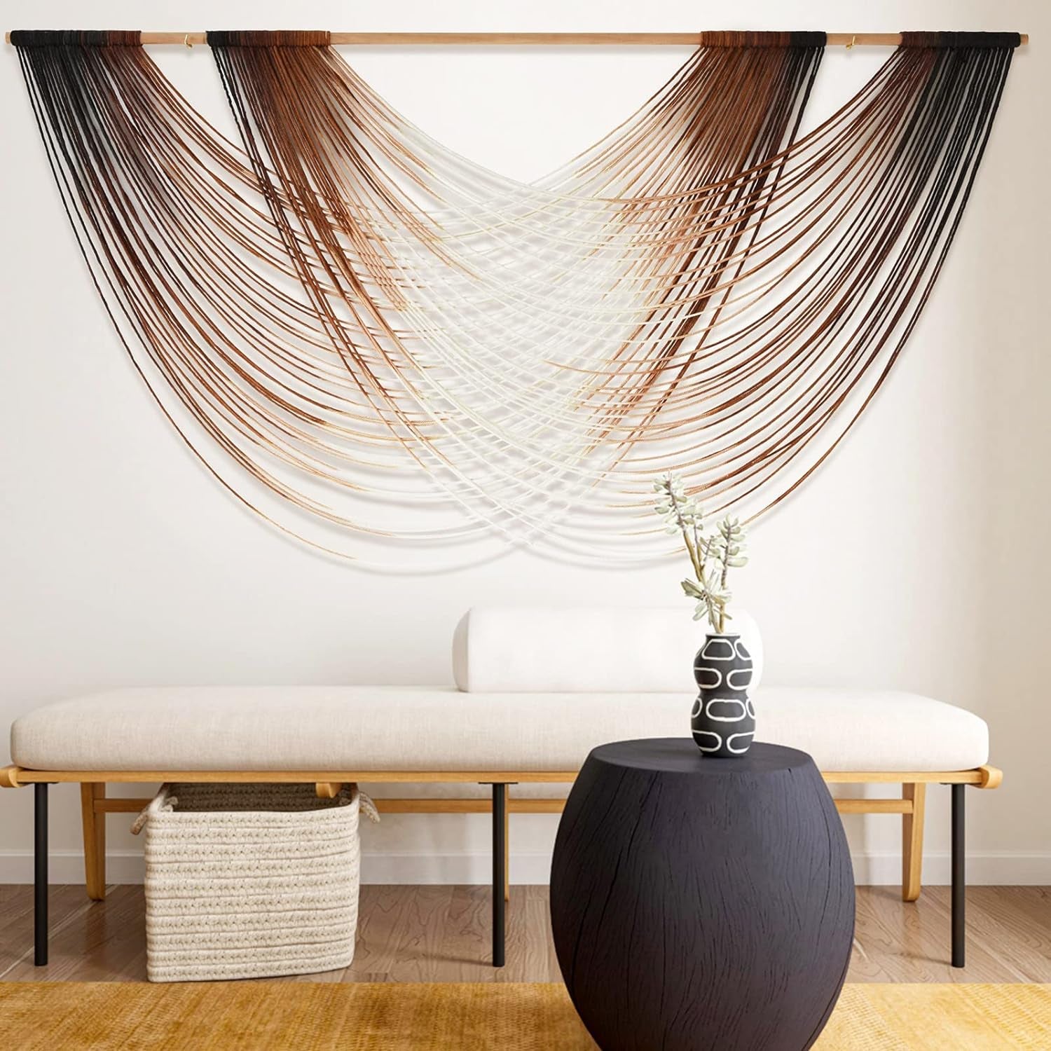 Macrame Wall Hanging | Dip Dye Brown Boho Yarn Tapestry for Modern Living Room & Bedroom, 57" x 35"