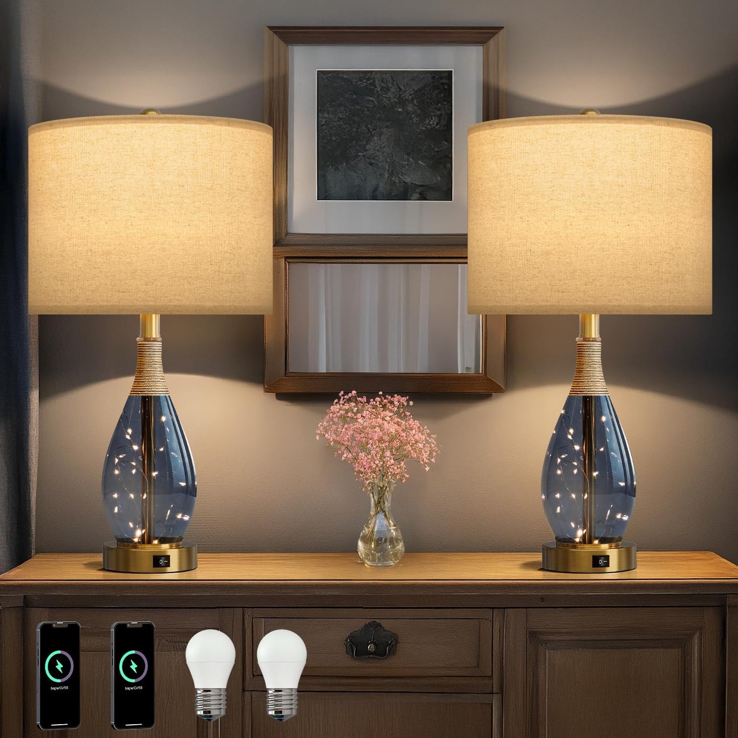 23" USB A+C Table Lamp Set of 2 | Modern Retro Farmhouse Rattan & Glass Bedside Lamps