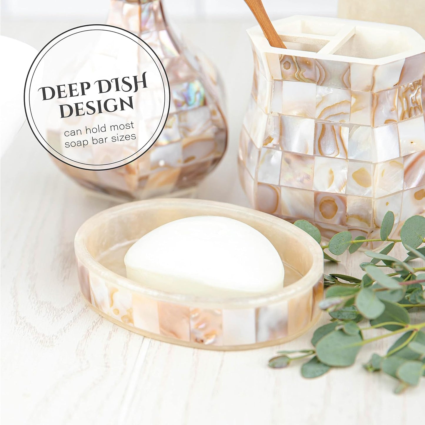 Milano 4-Piece Bathroom Accessory Set | Mother of Pearl Soap Dispenser, Toothbrush Holder, Tumbler & Soap Dish