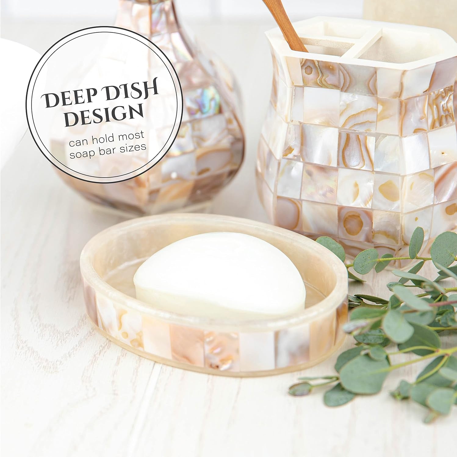 Milano 4-Piece Bathroom Accessory Set | Mother of Pearl Soap Dispenser, Toothbrush Holder, Tumbler & Soap Dish