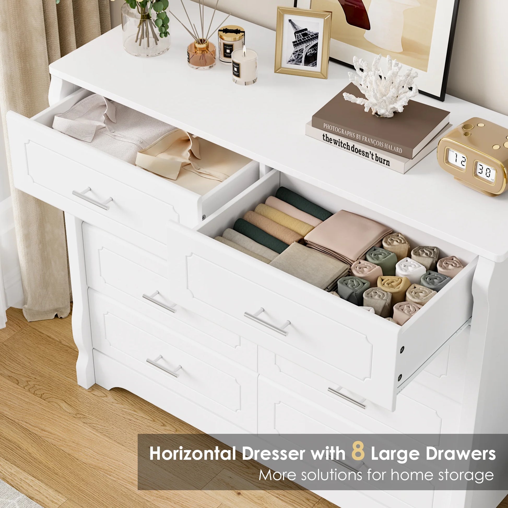 8 Drawer Double Dresser, White Horizontal Dresser Chest for Bedroom