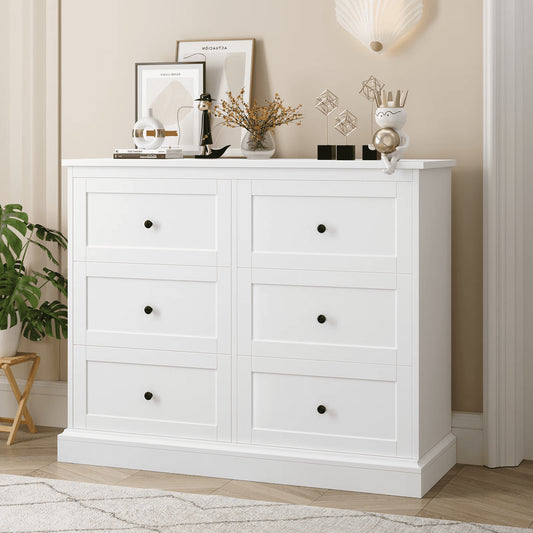 White 6-Drawer Double Dresser | 42.5" Wide Wooden Bedroom Chest of Drawers