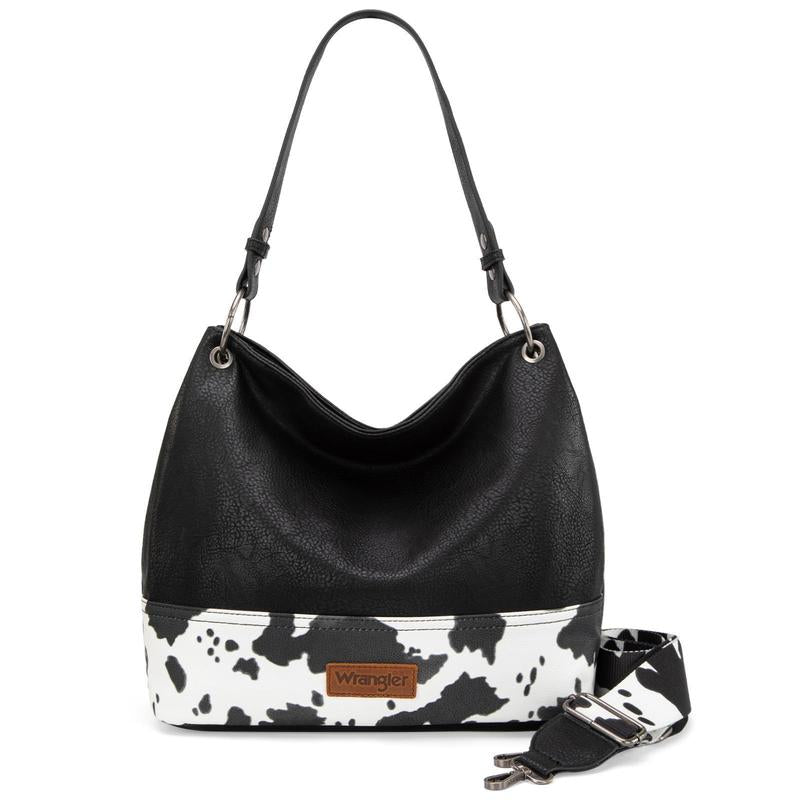 Wrangler Cow Print Hobo Bag Vegan Leather for Woman with Wide Guitar Strap