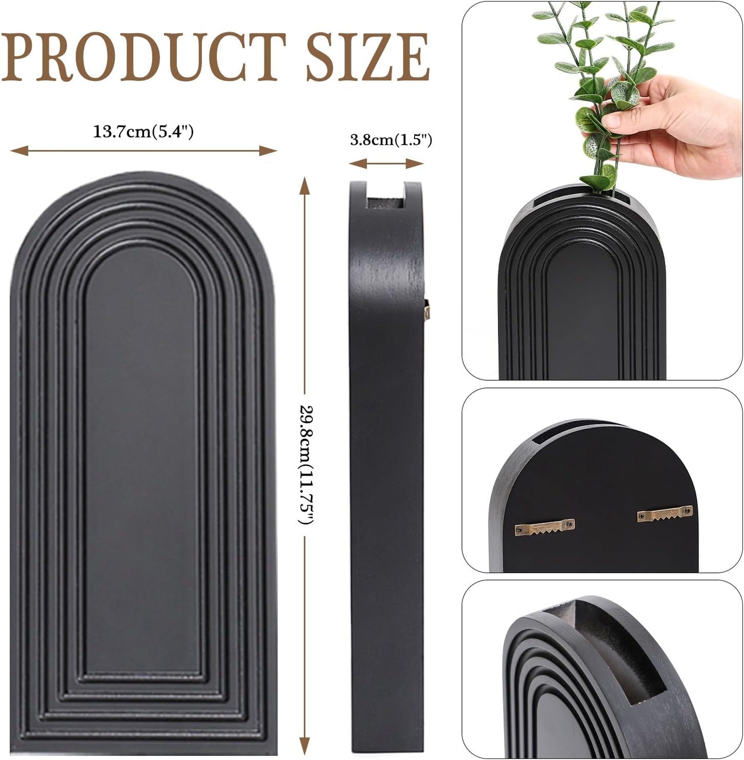 2-Pack Wooden Wall Vase Set | Black Modern Farmhouse & Boho Wall Decor for Entryway, Hallway & Living Spaces