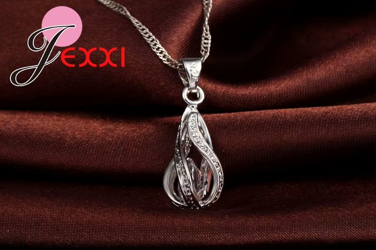 Hot Water Drop CZ 925 Sterling Silver Plated Jewelry Set for Women Pendant Necklace Hoop Earrings Wedding Party Ceremoey Anel