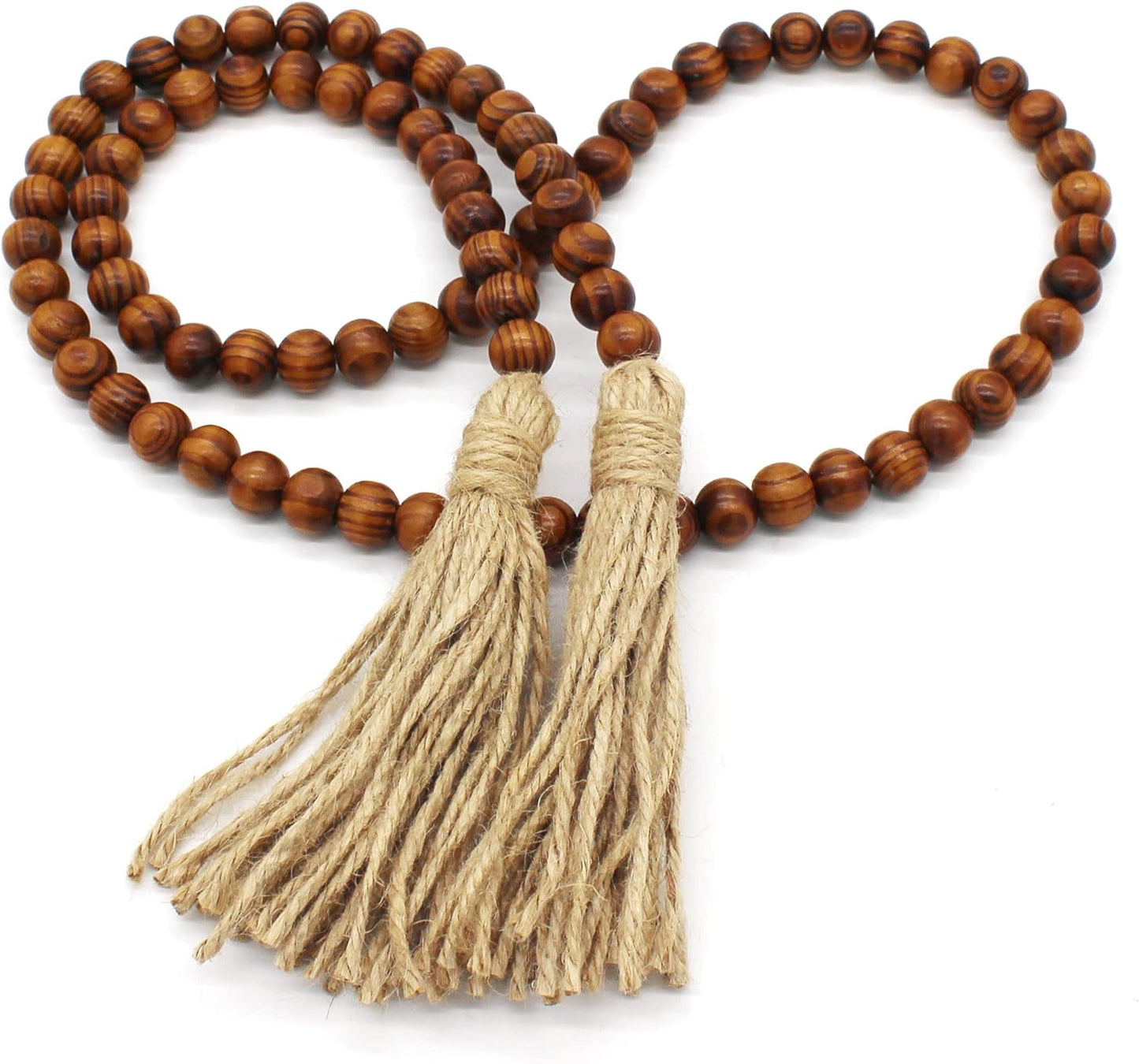 Wood Grain Beads Garland with Tassels | Dark Tan Farmhouse Rustic Prayer Bead Wall Hanging, Home & Festival Décor