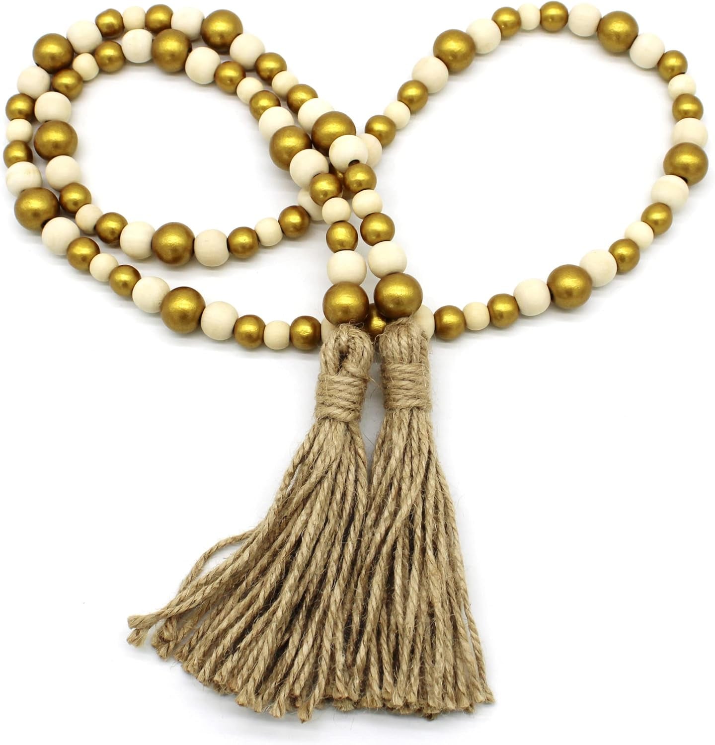 Wood Grain Beads Garland with Tassels | Dark Tan Farmhouse Rustic Prayer Bead Wall Hanging, Home & Festival Décor