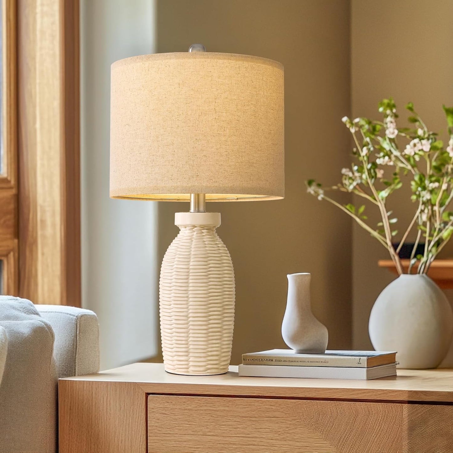 23" Table Lamp Set of 2 | Boho Farmhouse Rustic Vintage Bedside & Desk Lamps, Beige