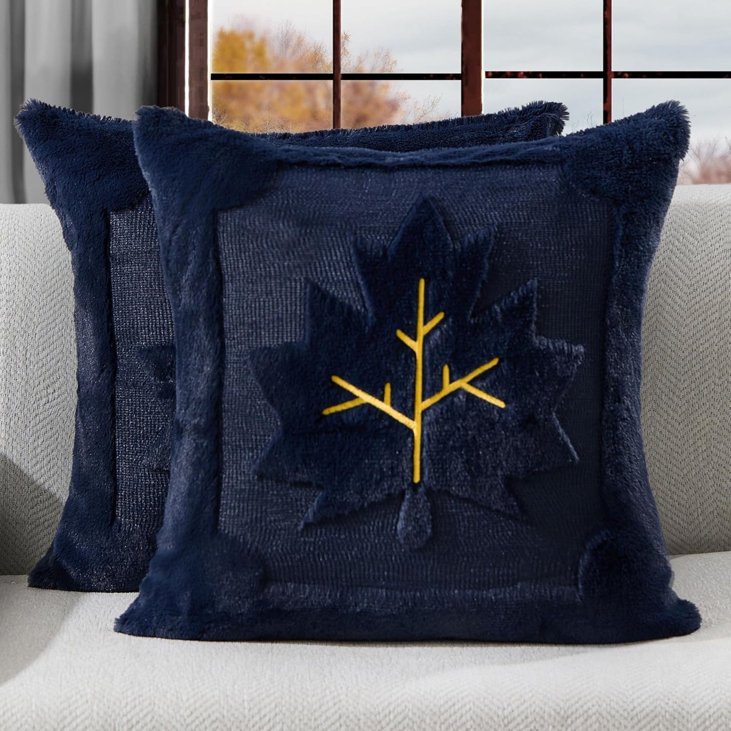 Fall Pillow Covers 18x18 Set of 2 | Beige Pumpkin Embroidery Plush Faux Fur Cushion Covers for Sofa