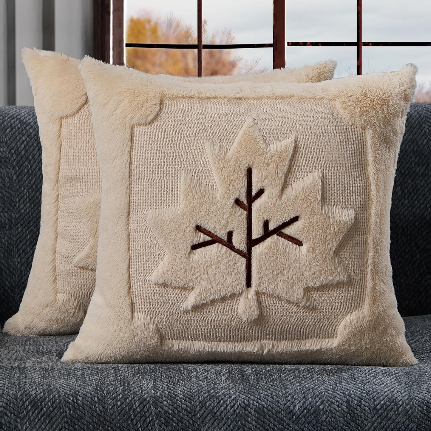 Fall Pillow Covers 18x18 Set of 2 | Beige Pumpkin Embroidery Plush Faux Fur Cushion Covers for Sofa
