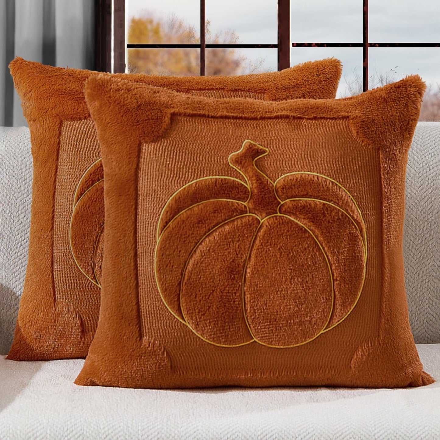 Fall Pillow Covers 18x18 Set of 2 | Beige Pumpkin Embroidery Plush Faux Fur Cushion Covers for Sofa