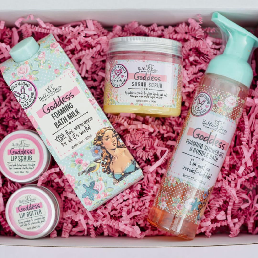 Goddess Mega Bath & Body Gift Set with Foaming Shower Gel & Bubble Bath, Bath Milk, Body Scrub & Lip Scrub and Lip Butter - Gift for Women