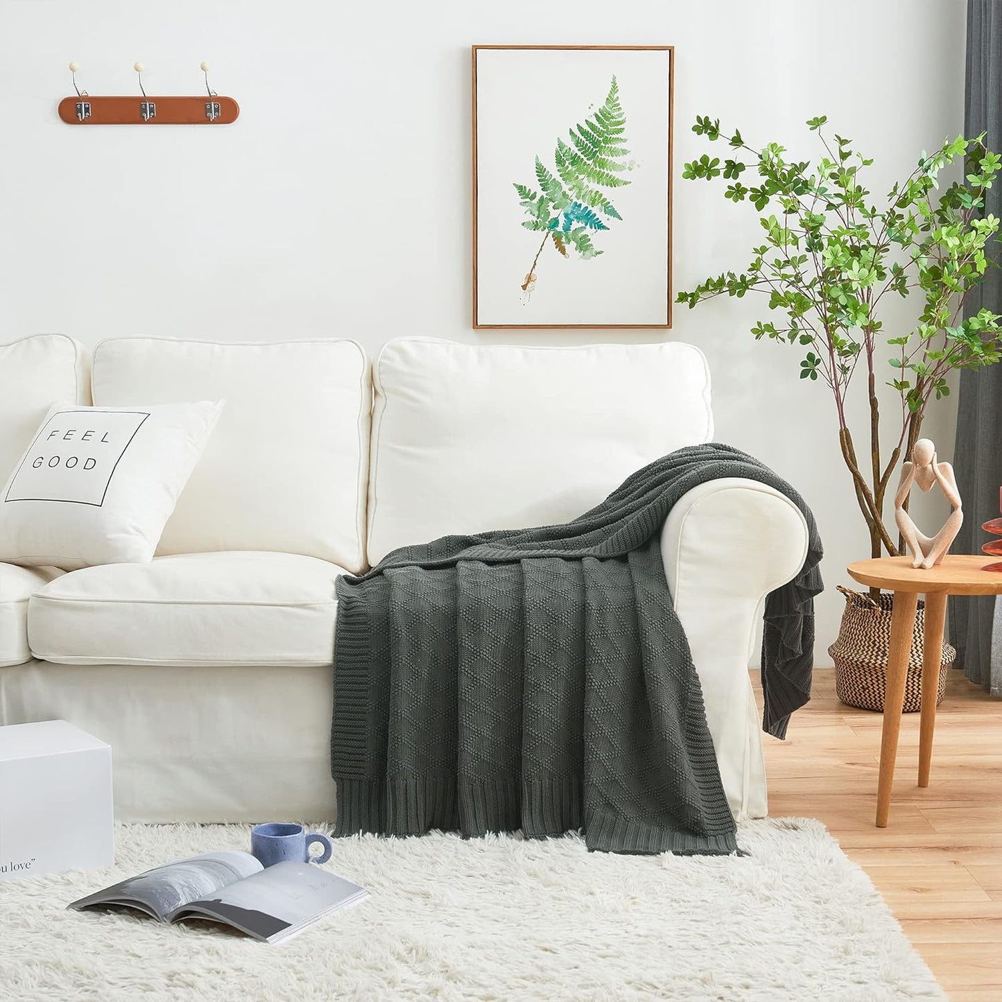 Charcoal Grey Cotton Throw Blanket for Couch Sofa Bed - Home Decorative Soft Cozy Sweater Fall Cable Knit Blankets -Dark Gray 2.2 Pounds 50 X 60 Inch