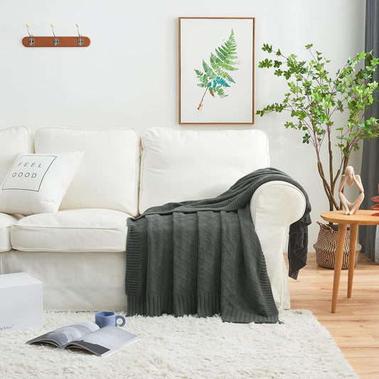 Charcoal Grey Cotton Throw Blanket for Couch Sofa Bed - Home Decorative Soft Cozy Sweater Fall Cable Knit Blankets -Dark Gray 2.2 Pounds 50 X 60 Inch