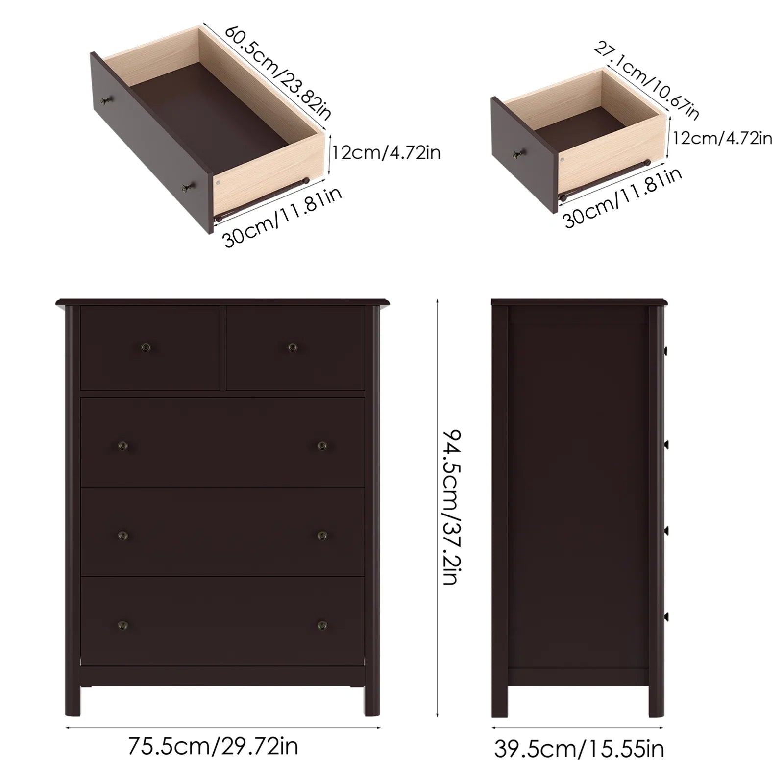 Brown 5-Drawer Dresser Chest | Bedroom & Living Room Storage Cabinet with Easy Pull Handles
