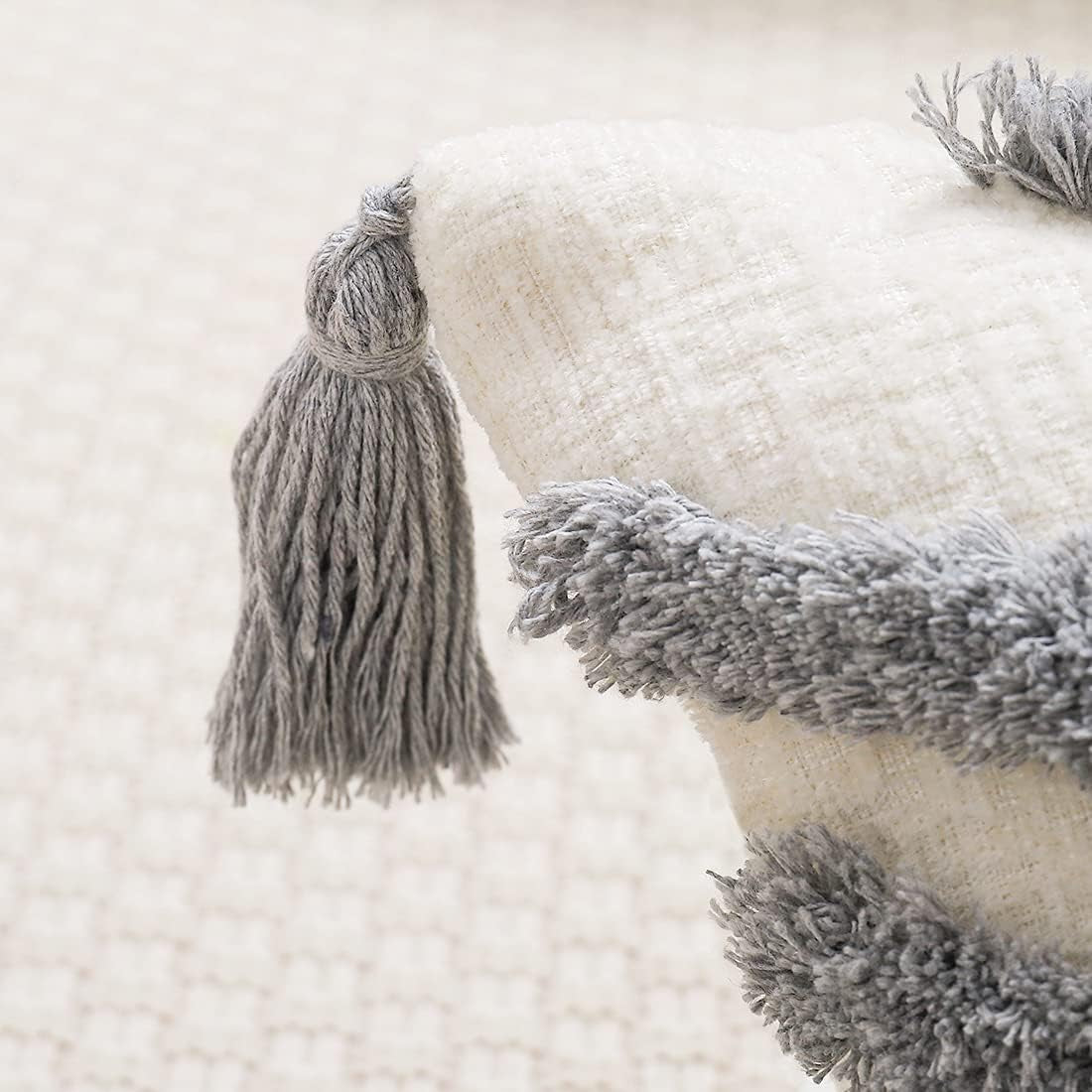 Boho Grey Lumbar Throw Pillow Cover 12X20 Inch with Tassels, Gray Geometric Tufted Cream Chenille Fabric Small Accent Textured Cushion Case for Bed Couch, 1 PC Cover Only No Insert