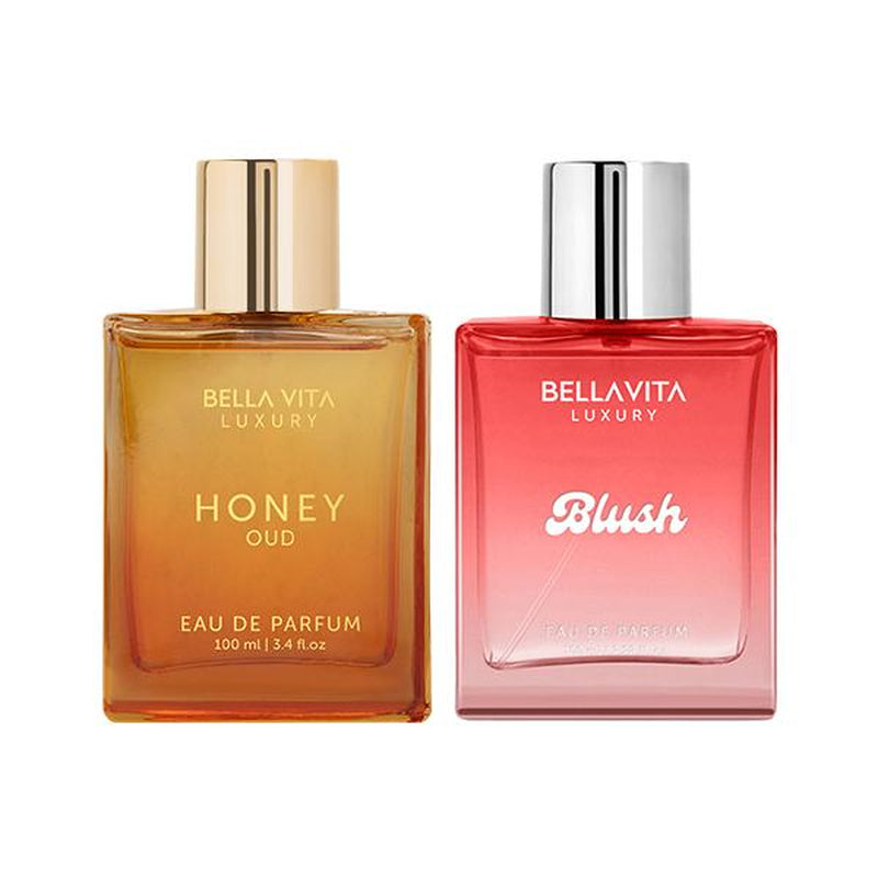Tangled Temptation by Bellavita Luxury | Honey Oud & Blush | 2X100 Ml Unisex Perfume Set | Long Lasting EDP with Floral, Spicy, Woody & Musky Notes | Patchouli, Vanilla, Bergamot, Red Fruits & Sandalwood | Luxury, Vegan & Cruelty-Free