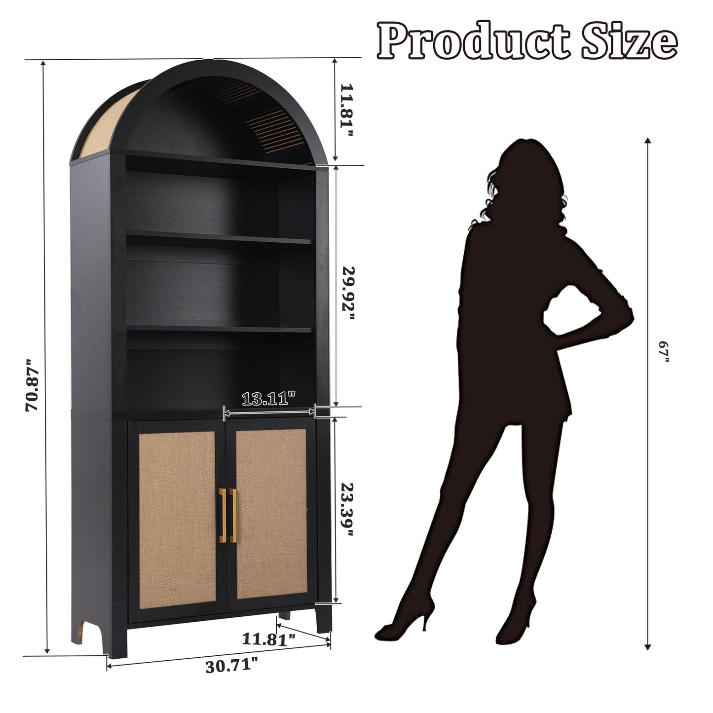 71" Tall Arched Bookshelf with Doors | Mid-Century Modern 6-Tier Rattan Storage Shelf, Black