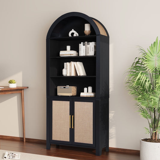 71" Tall Arched Bookshelf with Doors | Mid-Century Modern 6-Tier Rattan Storage Shelf, Black