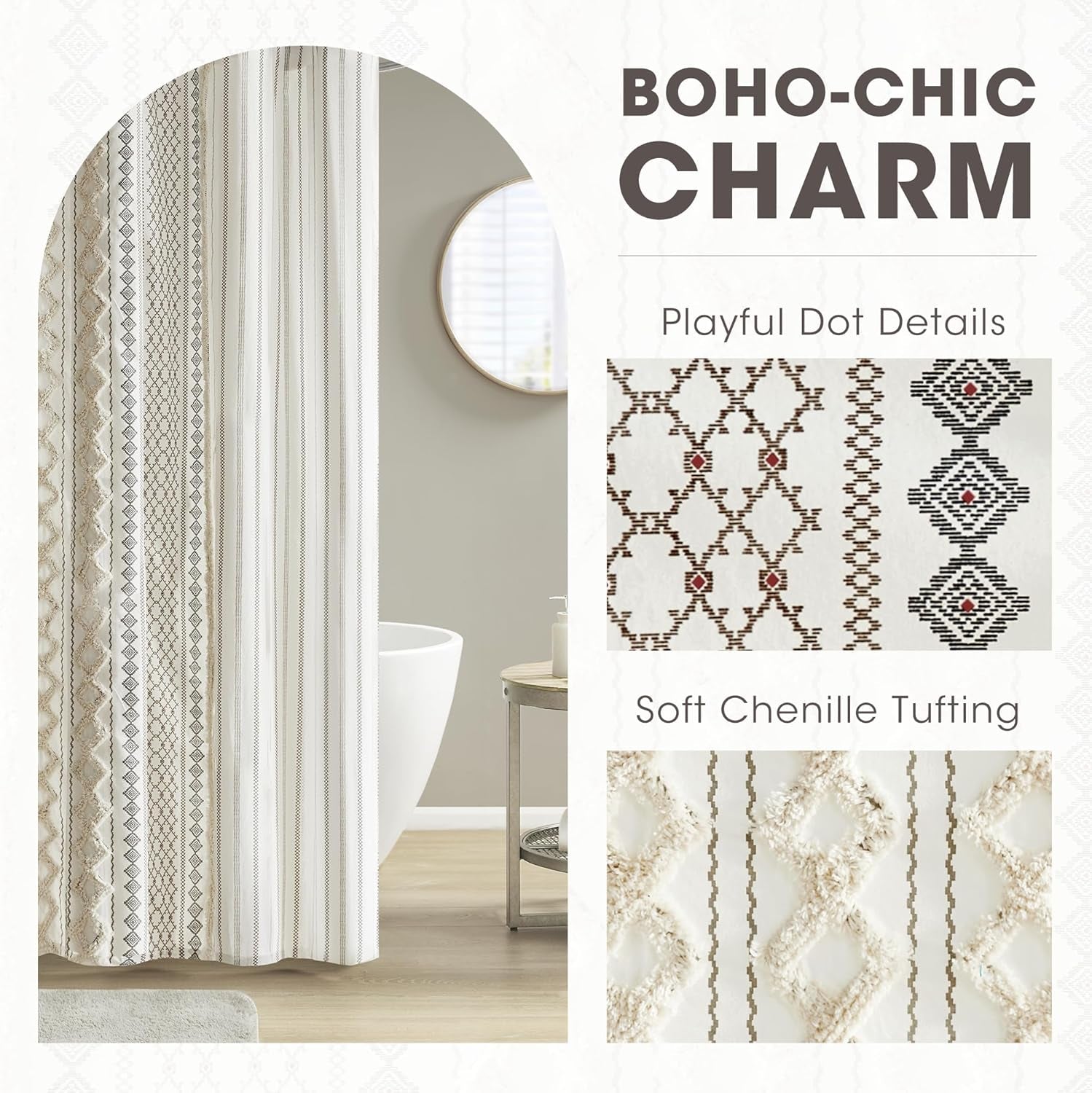 Imani Tufted Chenille Cotton Shower Curtain | 72x72" Ivory Modern Bathroom Décor, Machine Washable