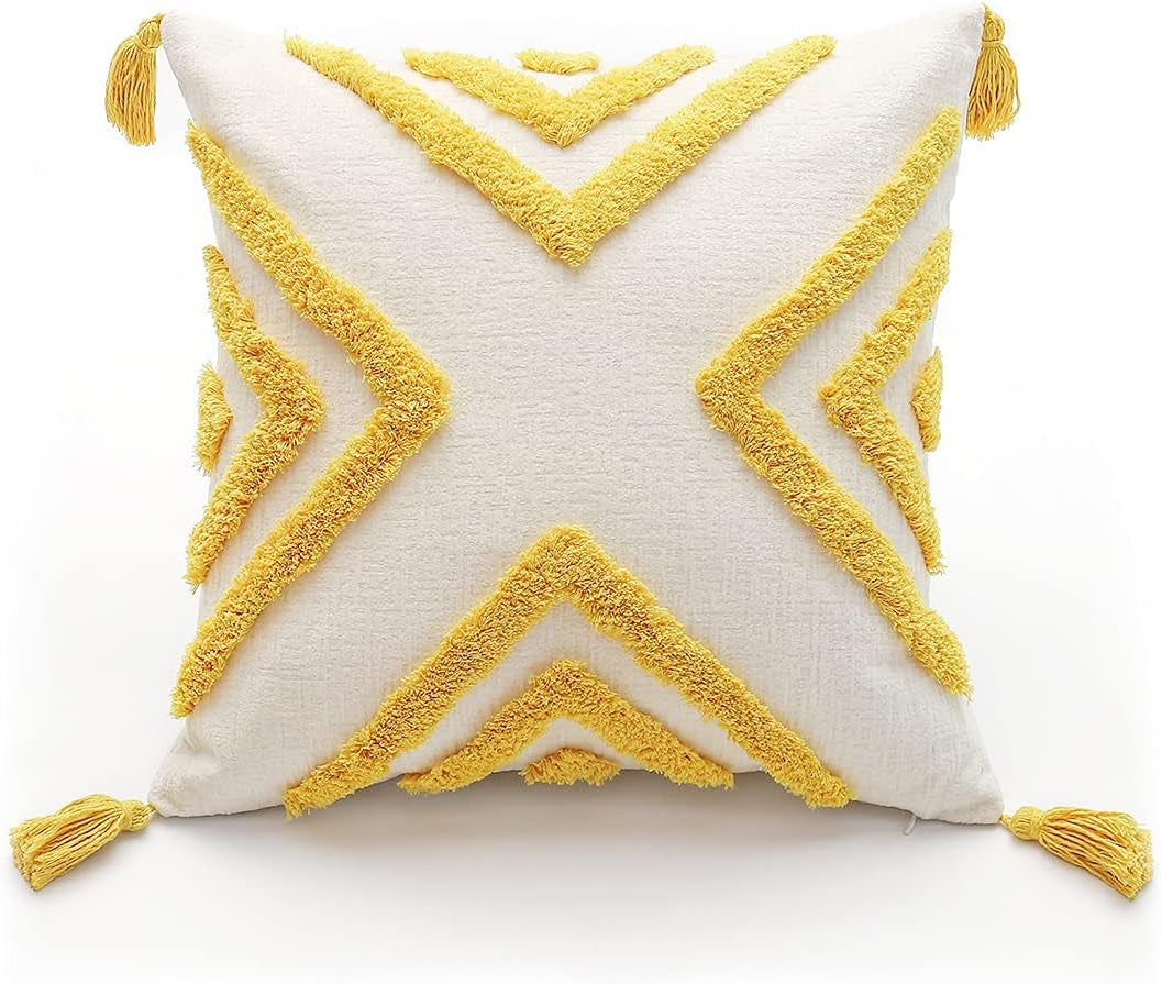 Boho Grey Lumbar Throw Pillow Cover 12X20 Inch with Tassels, Gray Geometric Tufted Cream Chenille Fabric Small Accent Textured Cushion Case for Bed Couch, 1 PC Cover Only No Insert