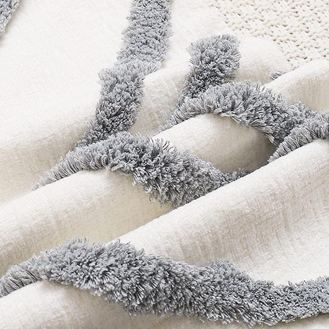 Boho Grey Lumbar Throw Pillow Cover 12X20 Inch with Tassels, Gray Geometric Tufted Cream Chenille Fabric Small Accent Textured Cushion Case for Bed Couch, 1 PC Cover Only No Insert