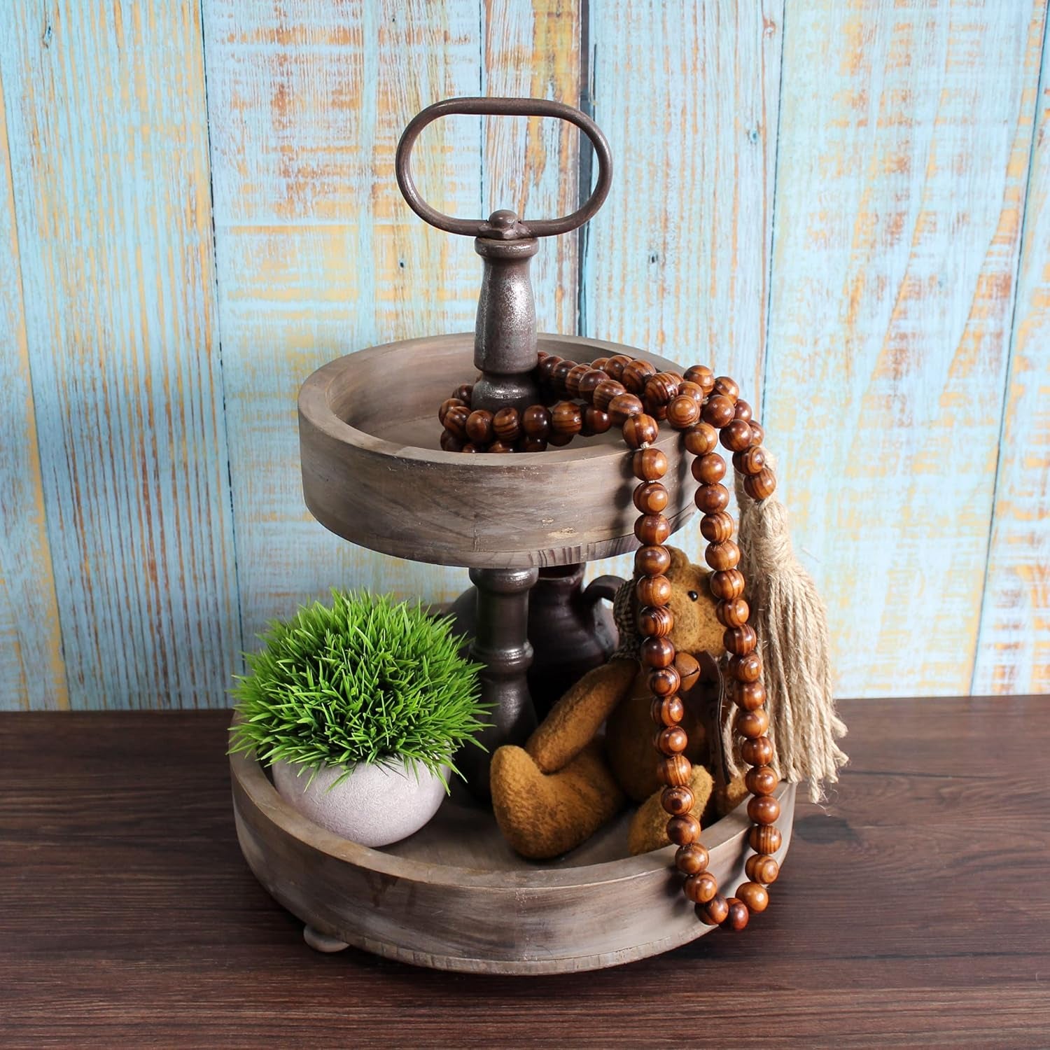 Wood Grain Beads Garland with Tassels | Dark Tan Farmhouse Rustic Prayer Bead Wall Hanging, Home & Festival Décor